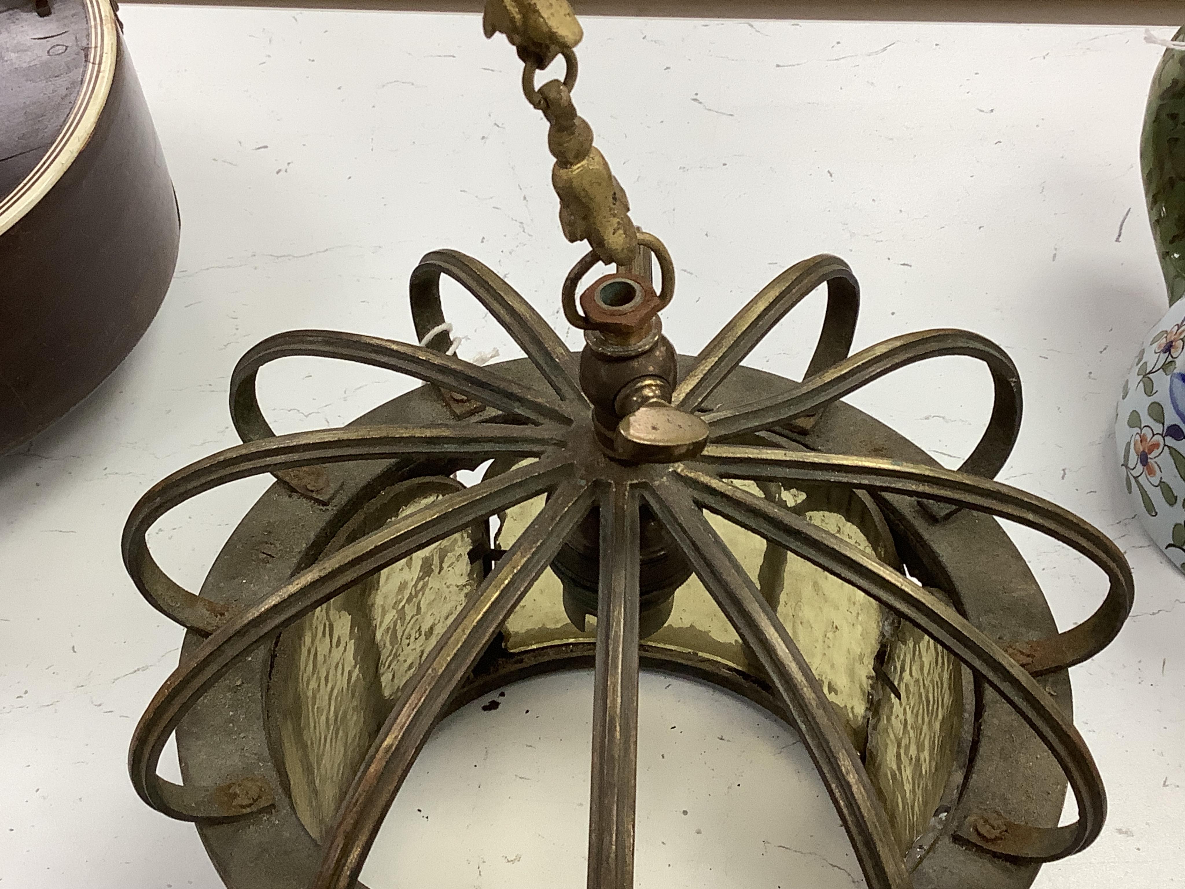 A brass and glass hanging ‘crown’ ceiling pendant, 20cm diameter